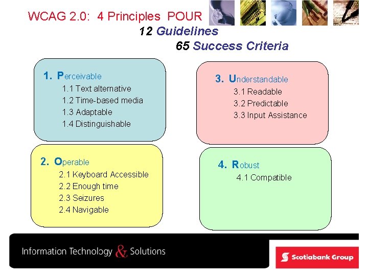 WCAG 2. 0: 4 Principles POUR 12 Guidelines 65 Success Criteria 1. Perceivable 1.