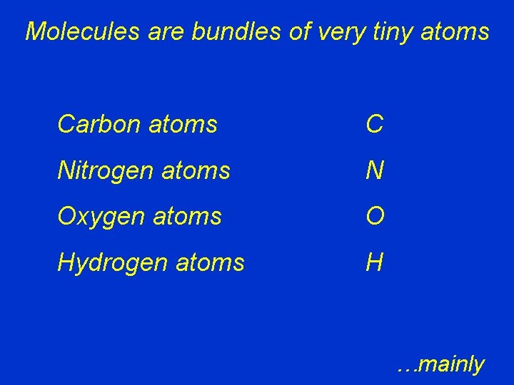 Molecules are bundles of very tiny atoms Carbon atoms C Nitrogen atoms N Oxygen