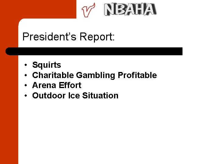 President’s Report: • • Squirts Charitable Gambling Profitable Arena Effort Outdoor Ice Situation 