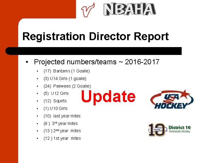 Registration Director Report • Projected numbers/teams ~ 2016 -2017 • (17) Bantams (1 Goalie)