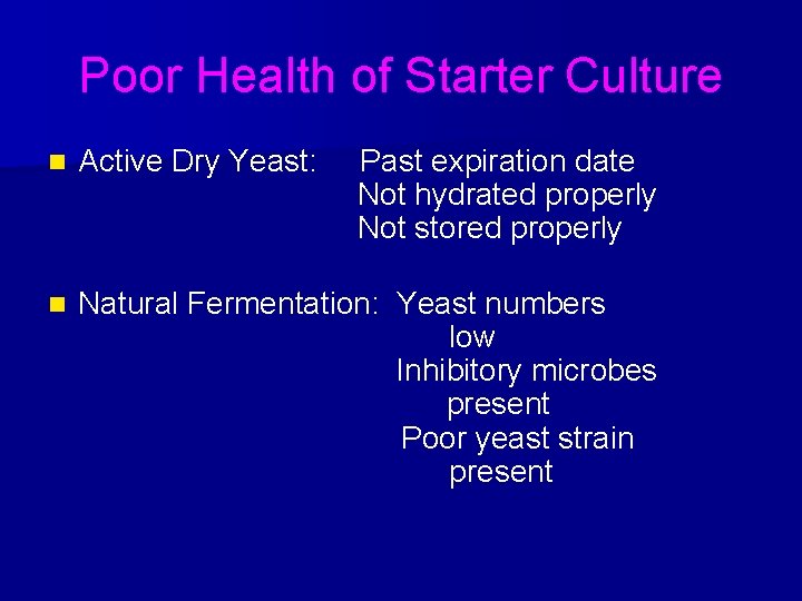 Poor Health of Starter Culture n Active Dry Yeast: Past expiration date Not hydrated