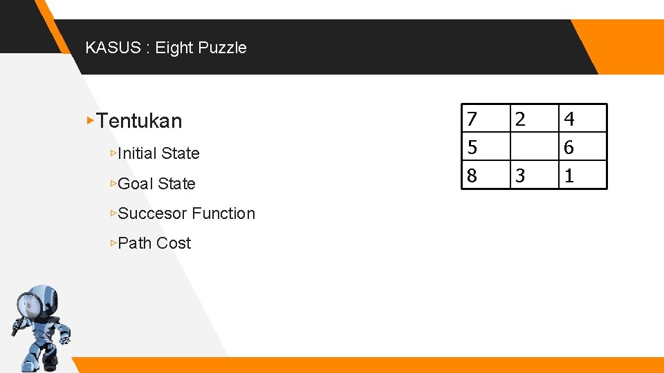 KASUS : Eight Puzzle ▸Tentukan ▹Initial State ▹Goal State ▹Succesor Function ▹Path Cost 7