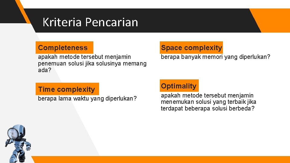 Kriteria Pencarian Completeness Space complexity apakah metode tersebut menjamin penemuan solusi jika solusinya memang