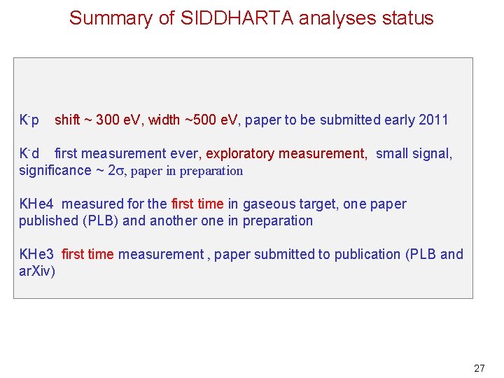 Summary of SIDDHARTA analyses status K-p shift ~ 300 e. V, width ~500 e.