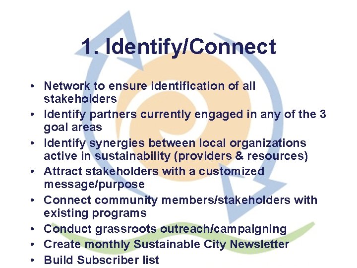 1. Identify/Connect • Network to ensure identification of all stakeholders • Identify partners currently