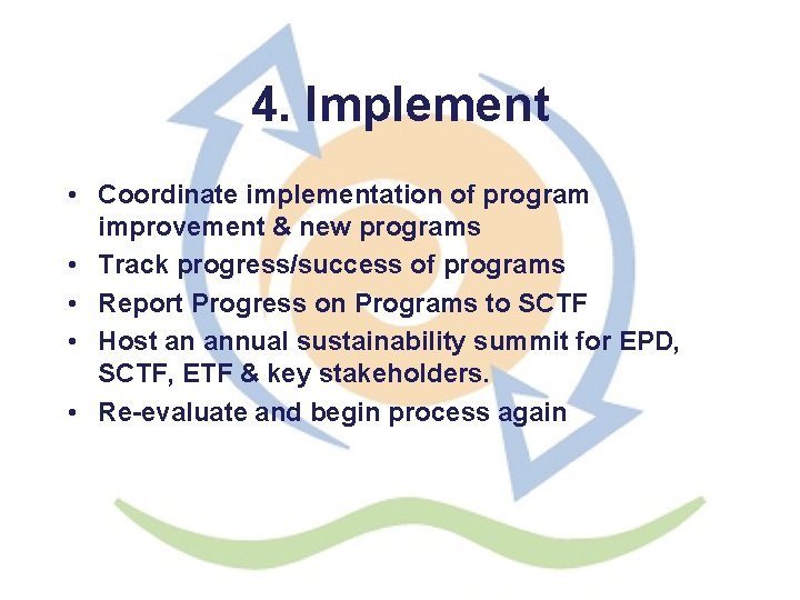 4. Implement • Coordinate implementation of program improvement & new programs • Track progress/success