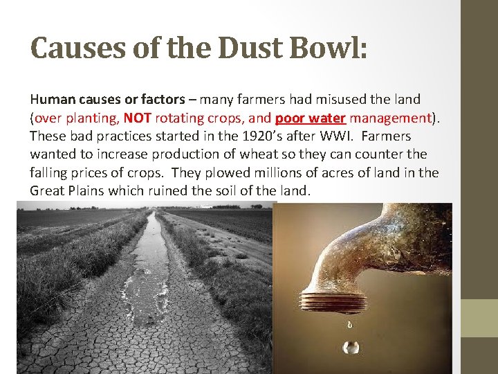 Causes of the Dust Bowl: Human causes or factors – many farmers had misused