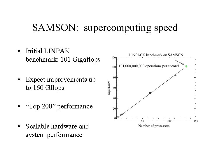 SAMSON: supercomputing speed • Initial LINPAK benchmark: 101 Gigaflops • Expect improvements up to