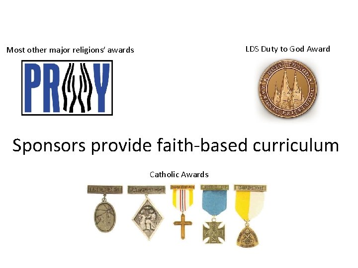 LDS Duty to God Award Most other major religions’ awards Sponsors provide faith-based curriculum