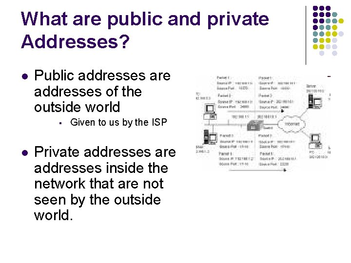 What are public and private Addresses? l Public addresses are addresses of the outside