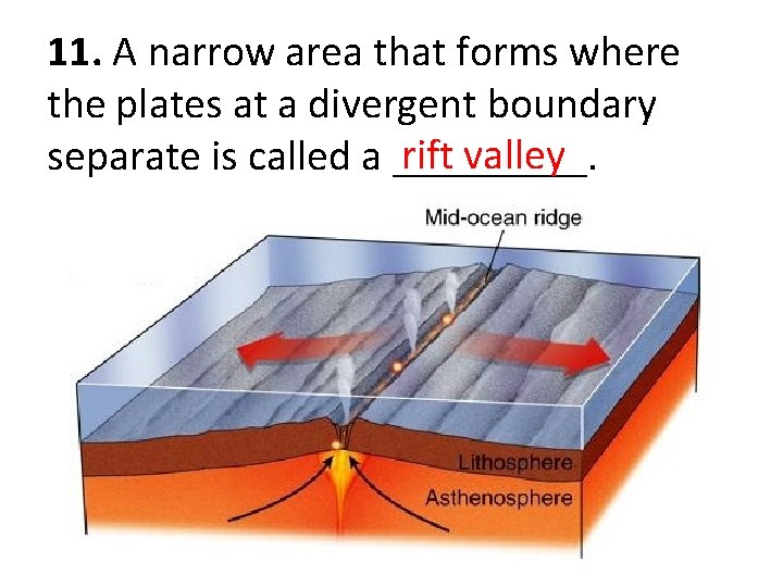 11. A narrow area that forms where the plates at a divergent boundary rift