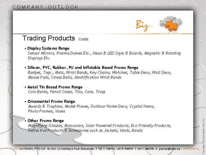 COMPANY OUTLOOK Trading Products Contd. • Display Systems Range Sensor Mirrors, Plasma Domes Etc.