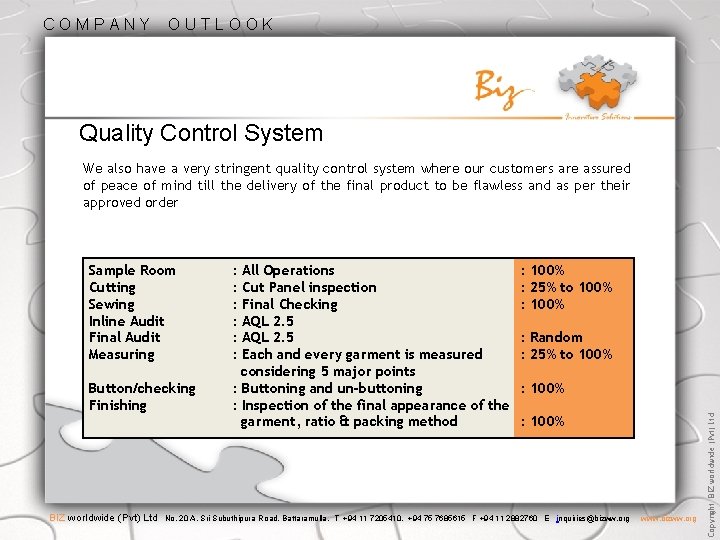 COMPANY OUTLOOK Quality Control System We also have a very stringent quality control system