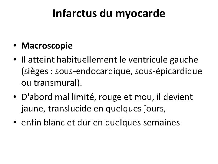 Infarctus du myocarde • Macroscopie • Il atteint habituellement le ventricule gauche (sièges :