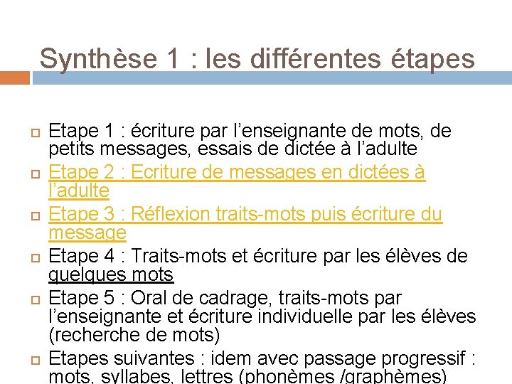 Synthèse 1 : les différentes étapes Etape 1 : écriture par l’enseignante de mots,