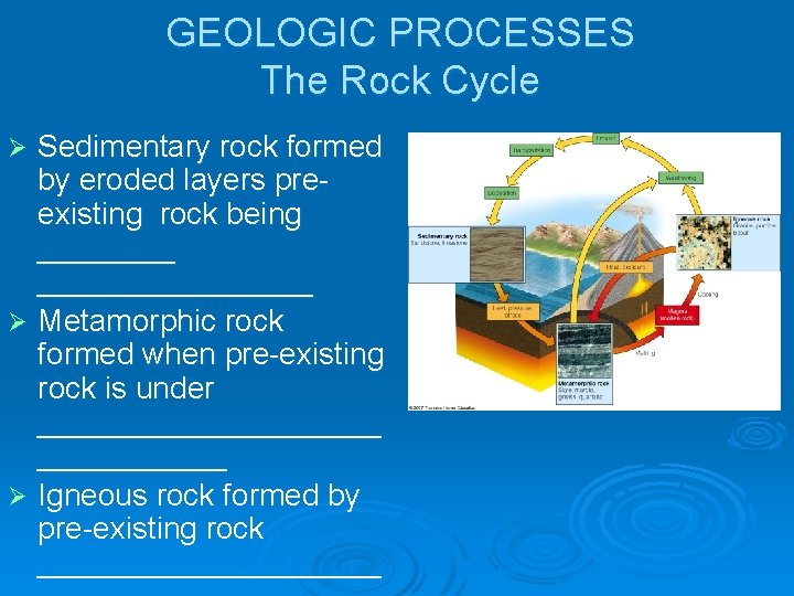 GEOLOGIC PROCESSES The Rock Cycle Sedimentary rock formed by eroded layers preexisting rock being