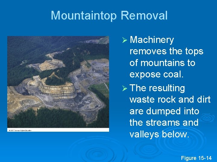 Mountaintop Removal Ø Machinery removes the tops of mountains to expose coal. Ø The