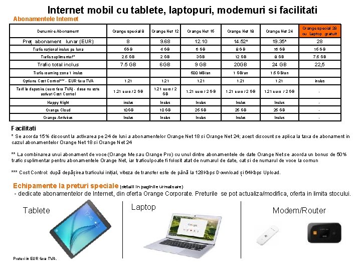 Internet mobil cu tablete, laptopuri, modemuri si facilitati Abonamentele Internet Denumire Abonament Orange special