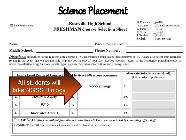 Science Placement All students will take NGSS Biology 