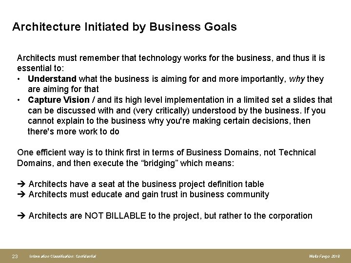 Architecture Initiated by Business Goals Architects must remember that technology works for the business,