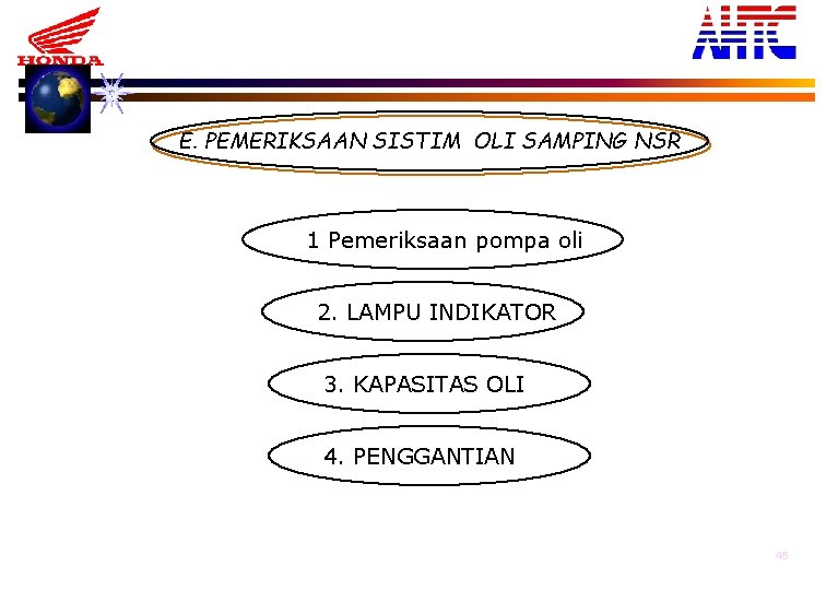 E. PEMERIKSAAN SISTIM OLI SAMPING NSR 1 Pemeriksaan pompa oli 2. LAMPU INDIKATOR 3.