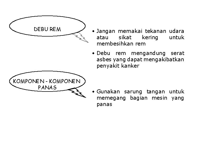 DEBU REM • Jangan memakai tekanan udara atau sikat kering untuk membesihkan rem •