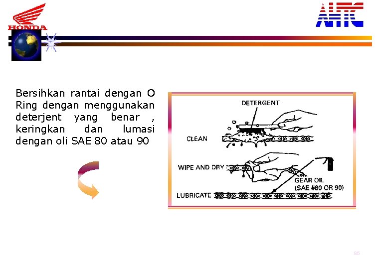 Bersihkan rantai dengan O Ring dengan menggunakan deterjent yang benar , keringkan dan lumasi