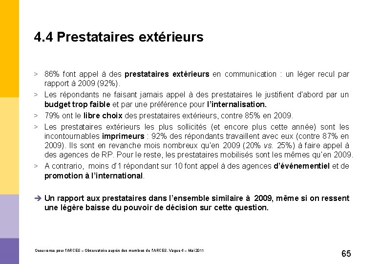 4. 4 Prestataires extérieurs > 86% font appel à des prestataires extérieurs en communication