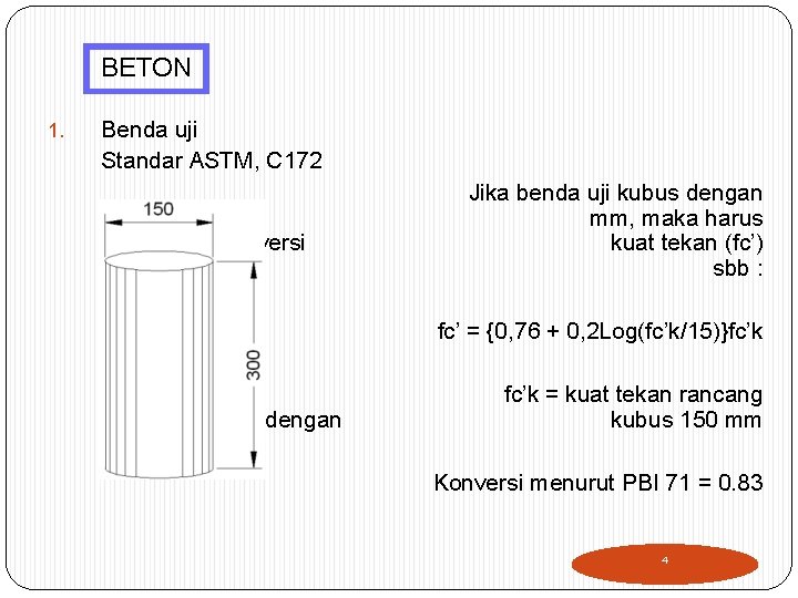 BETON 1. Benda uji Standar ASTM, C 172 sisi 150 digunakan konversi Jika benda