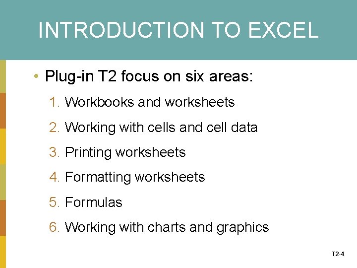 INTRODUCTION TO EXCEL • Plug-in T 2 focus on six areas: 1. Workbooks and