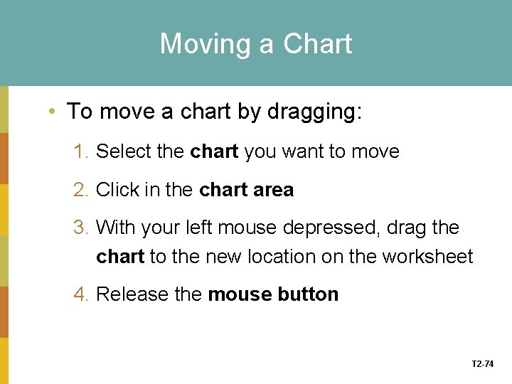 Moving a Chart • To move a chart by dragging: 1. Select the chart