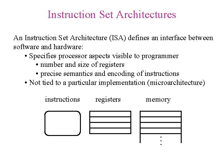 Instruction Set Architectures An Instruction Set Architecture (ISA) defines an interface between software and