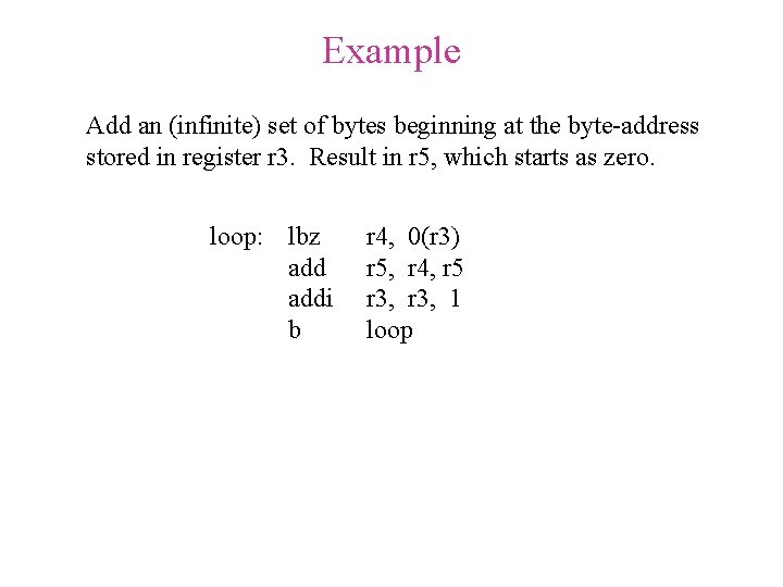 Example Add an (infinite) set of bytes beginning at the byte-address stored in register