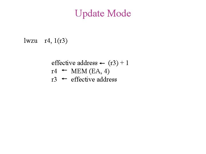 Update Mode lwzu r 4, 1(r 3) effective address (r 3) + 1 r