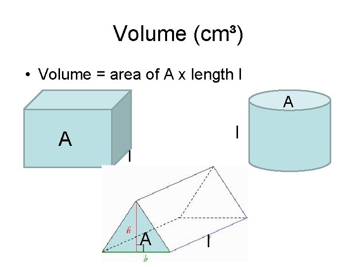 Volume (cm³) • Volume = area of A x length l A A l