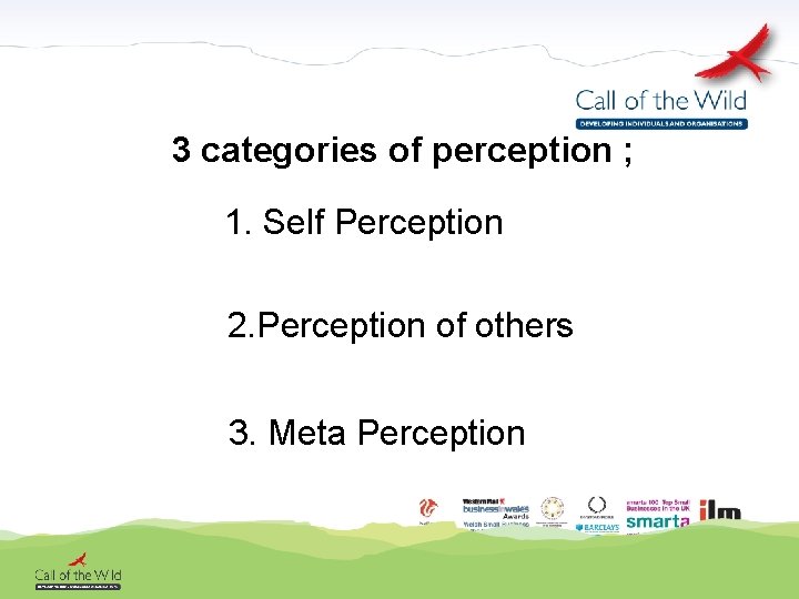 3 categories of perception ; 1. Self Perception 2. Perception of others 3. Meta
