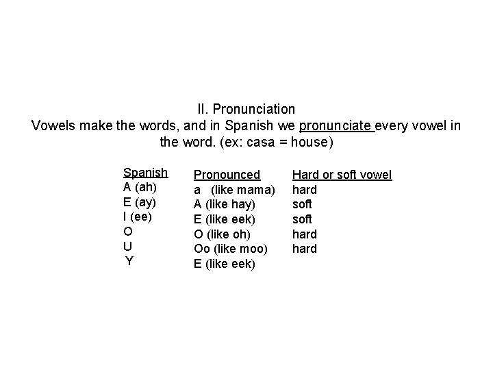 II. Pronunciation Vowels make the words, and in Spanish we pronunciate every vowel in