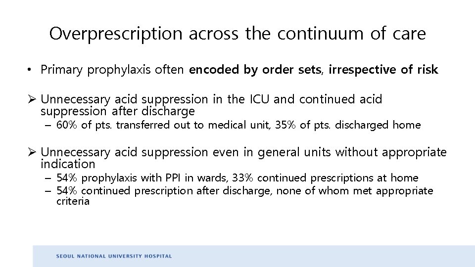 Overprescription across the continuum of care • Primary prophylaxis often encoded by order sets, Overprescription across the continuum of care • Primary prophylaxis often encoded by order sets,