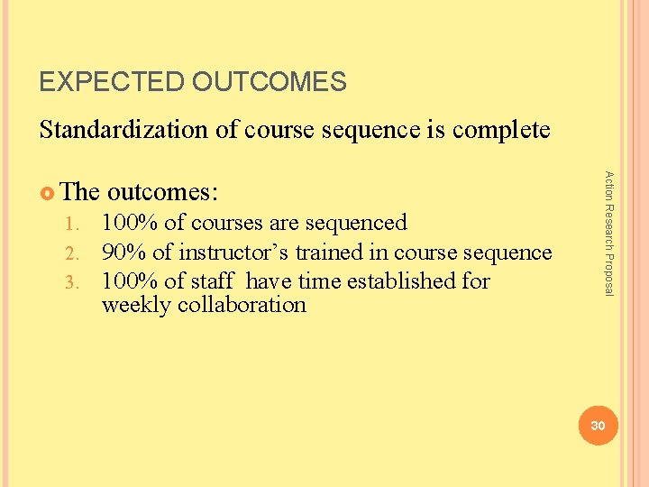 EXPECTED OUTCOMES Standardization of course sequence is complete 1. 2. 3. 100% of courses
