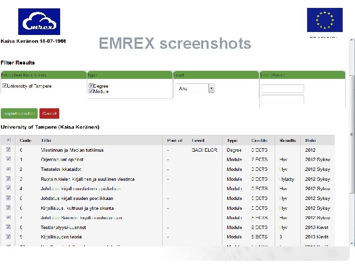 EMREX screenshots ERASMUS+ 