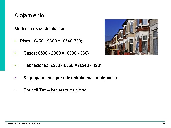 Alojamiento Living in the UK Media mensual de alquiler: • Pisos: £ 450 -