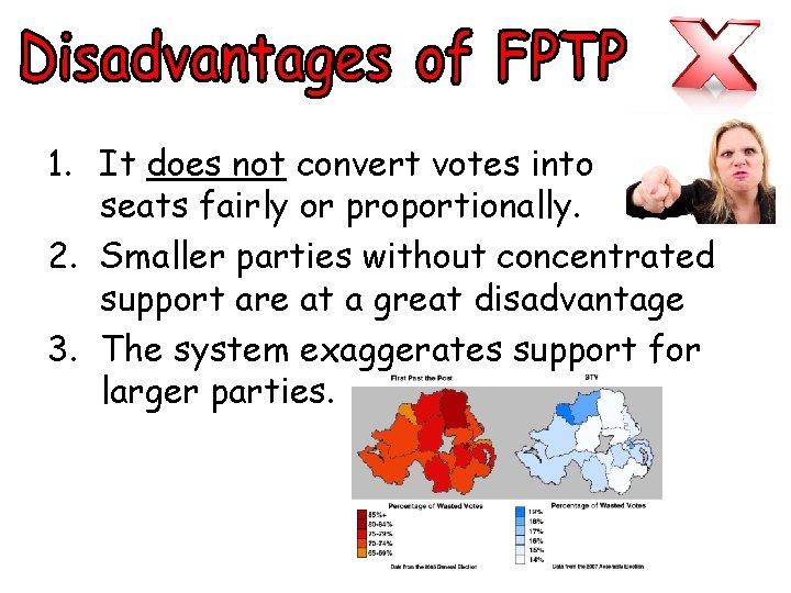 1. It does not convert votes into seats fairly or proportionally. 2. Smaller parties