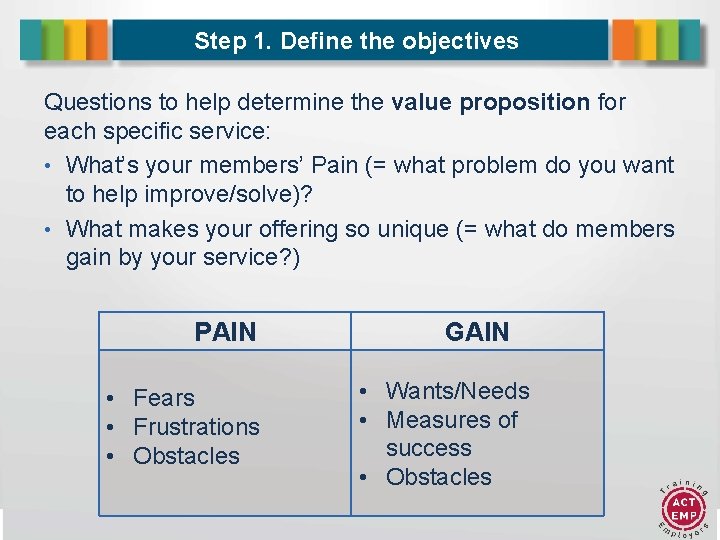 Step 1. Define the objectives Questions to help determine the value proposition for each