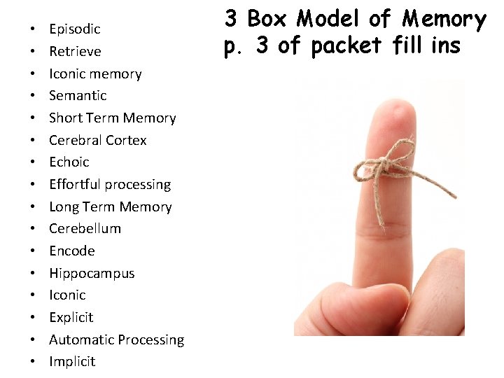  • • • • Episodic Retrieve Iconic memory Semantic Short Term Memory Cerebral