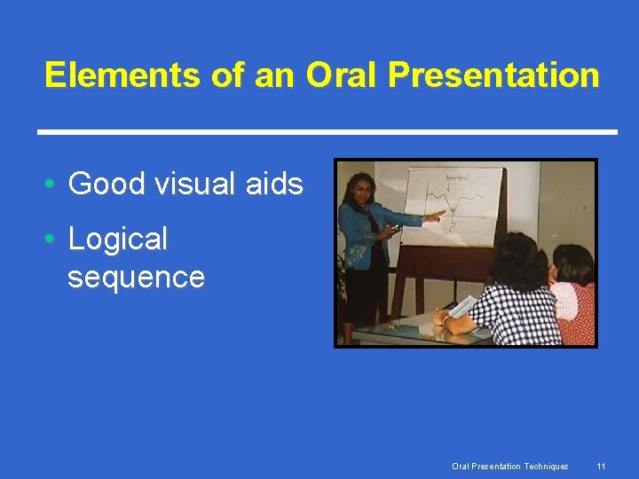 Elements of an Oral Presentation • Good visual aids • Logical sequence Oral Presentation