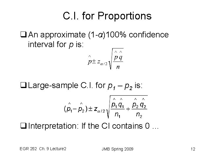 C. I. for Proportions q An approximate (1 -α)100% confidence interval for p is: