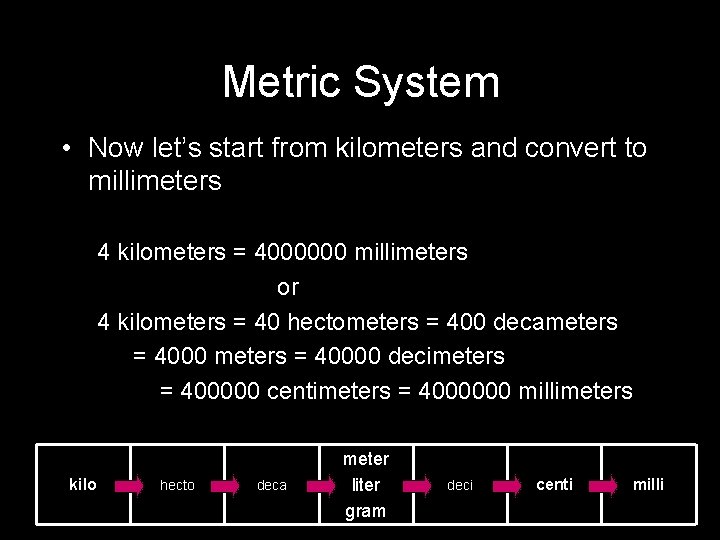 Metric System • Now let’s start from kilometers and convert to millimeters 4 kilometers Metric System • Now let’s start from kilometers and convert to millimeters 4 kilometers