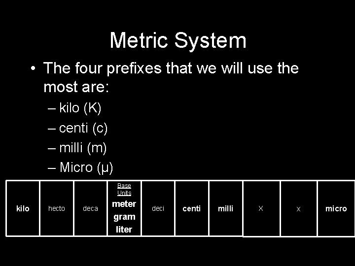 Metric System • The four prefixes that we will use the most are: – Metric System • The four prefixes that we will use the most are: –