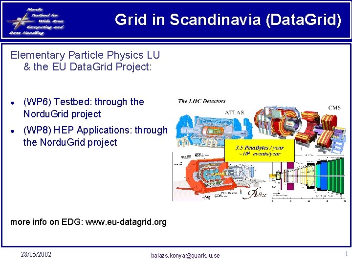 Grid in Scandinavia (Data. Grid) Elementary Particle Physics LU & the EU Data. Grid