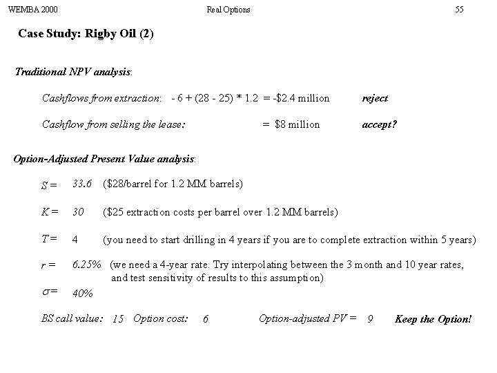 WEMBA 2000 Real Options 55 Case Study: Rigby Oil (2) Traditional NPV analysis: Cashflows